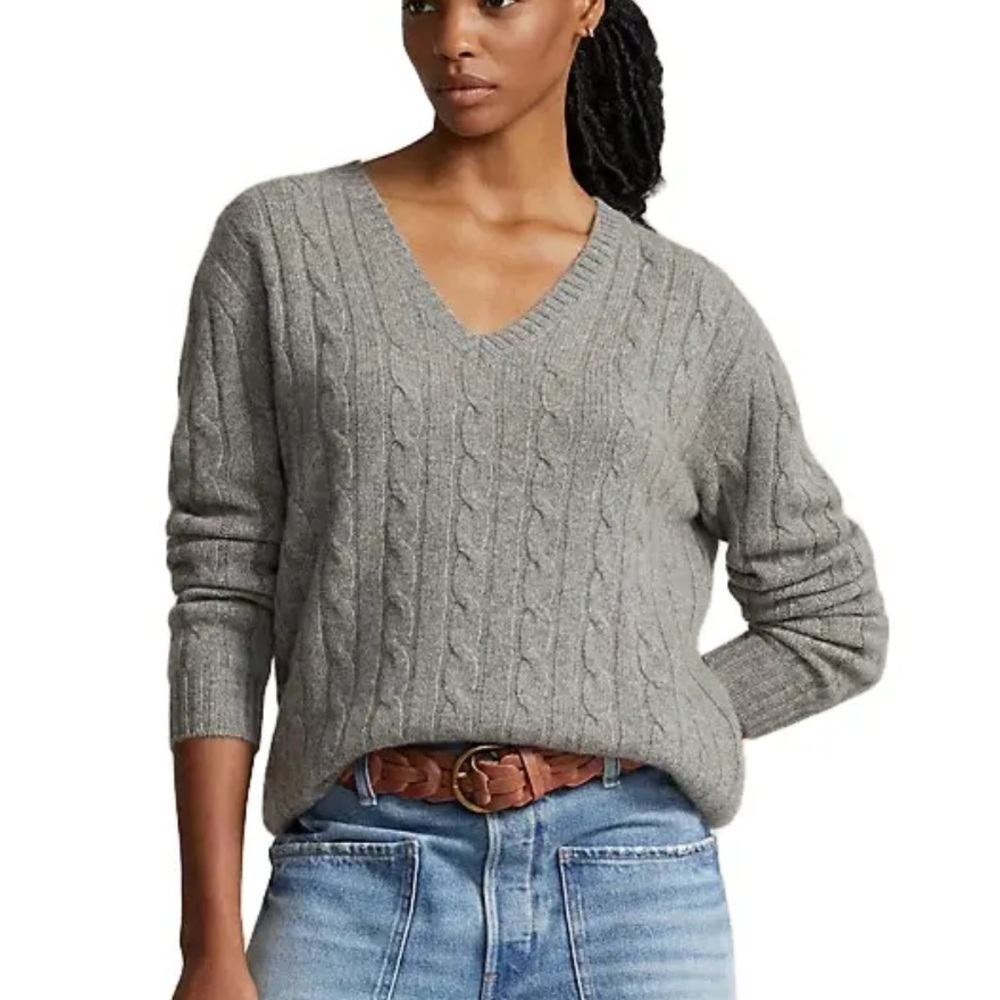 Lauren Ralph Lauren Gray Cashmere V-Neck Sweater Size LP Petite Luxury Kni